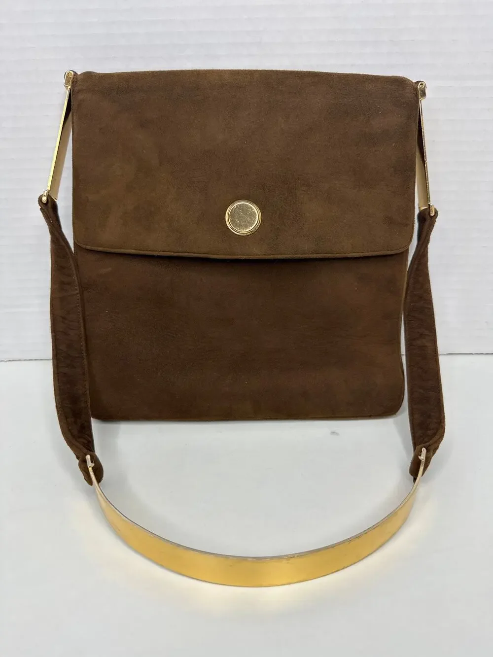 Prestige Vintage suede brown bag with gold hardware & flap closure